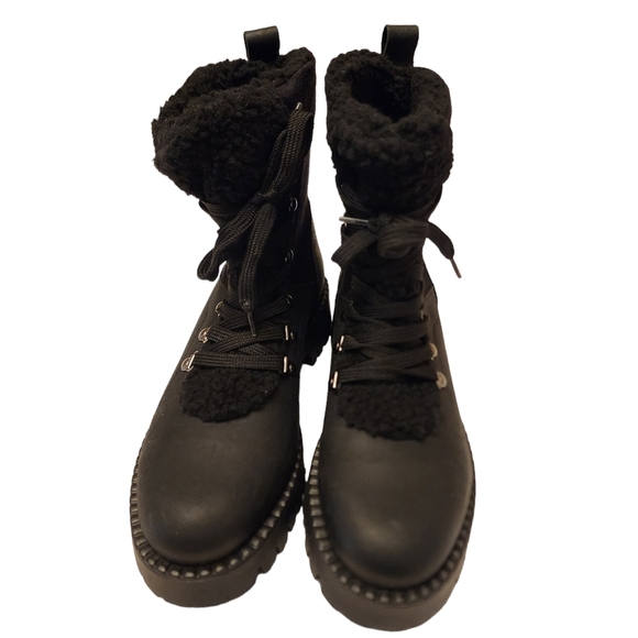 Bootlegger Black Leather & Sherpa Combat Winter Boots Size 8 - Picture 4 of 8